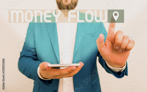 Handwriting text writing Money Flow. Conceptual photo the increase or decrease in the amount of money a business Businessman in the blue suite with lap top pointing with finger photo