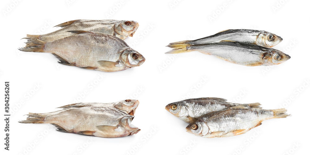 Set of tasty dry fish on white background Set of tasty dry fish on white background