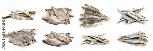 Set of tasty dry fish on white background