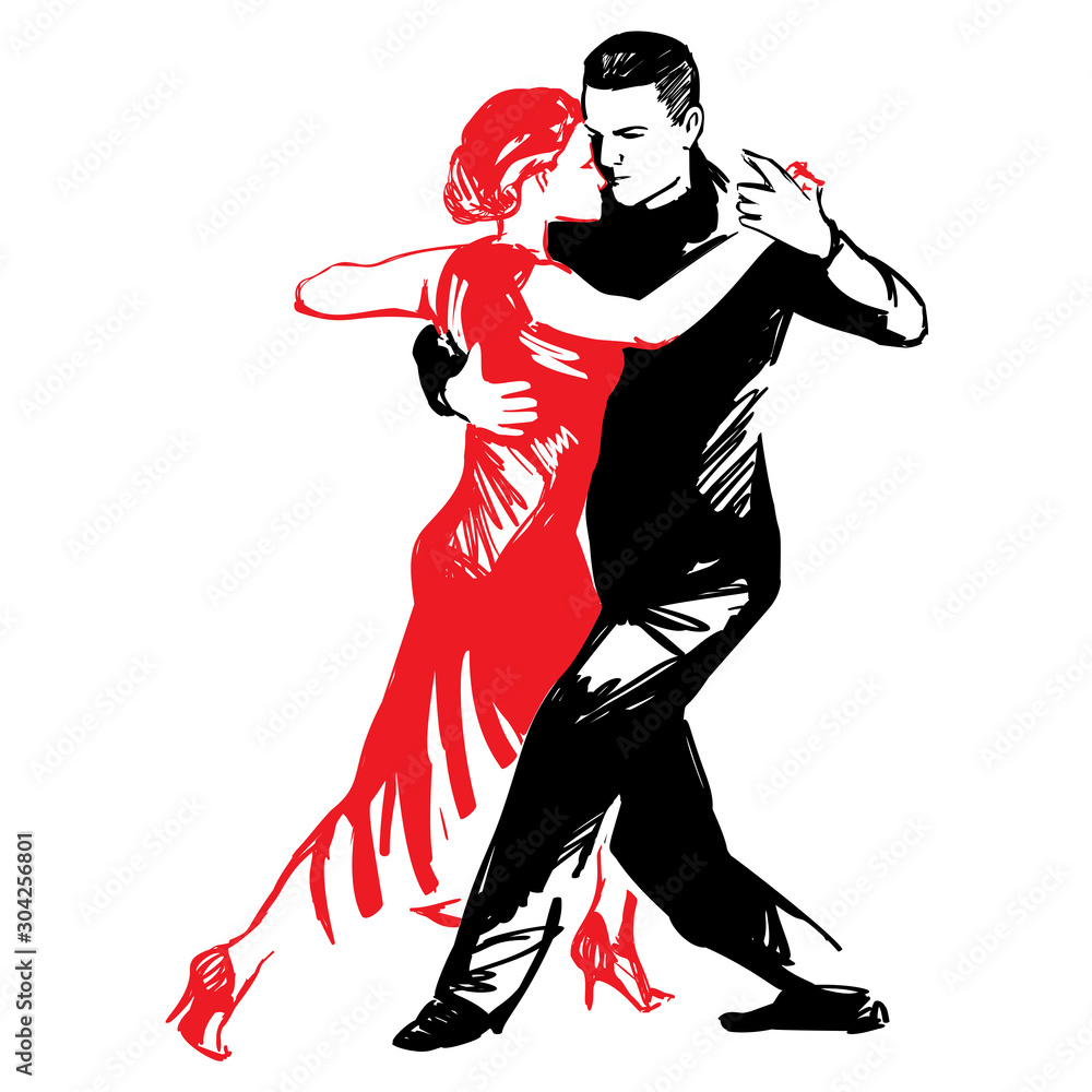 Couple dancing passionate dance. Suitable for argentine tango, samba, mambo and others. Vector illustration, freehand drawing - obrazy, fototapety, plakaty 