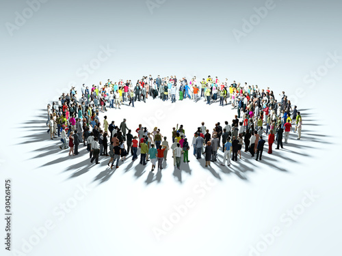 People gather at the center of the circle. Enthusiastic people. Organization.