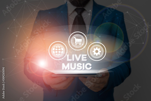 Text sign showing Live Music. Business photo showcasing perforanalysisce given by one or more singers or instrumentalists