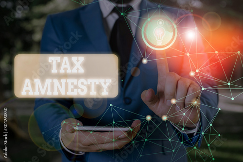 Text sign showing Tax Amnesty. Business photo text limitedtime opportunity for specified group of taxpayers to pay