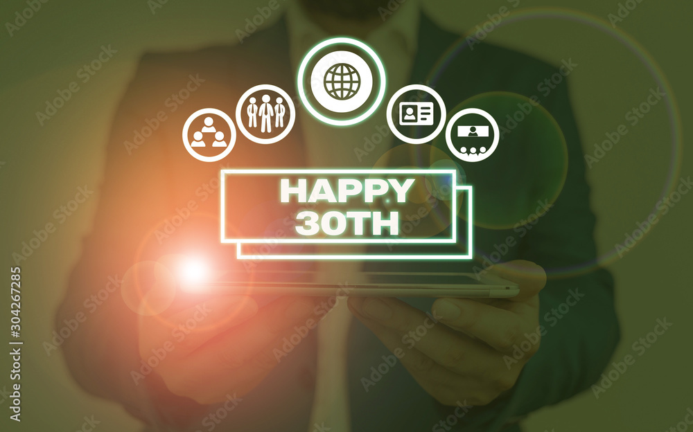 Fototapeta premium Writing note showing Happy 30Th. Business concept for a joyful occasion for special event to mark the 30th year
