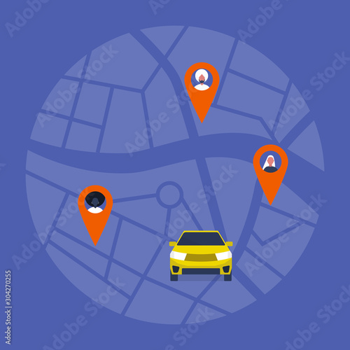 Carpool map, taxi service, passengers sharing a ride, new technologies and lifestyle
