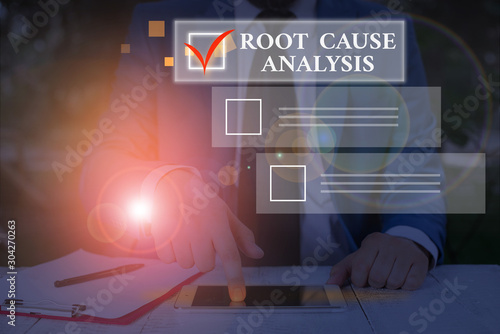 Conceptual hand writing showing Root Cause Analysis. Concept meaning Method of Problem Solving Identify Fault or Problem photo