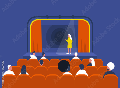 Entertainment and culture, Stand up comedy show, Young female artist performing on stage and Audience sitting in a vintage theatre with old fashion interior