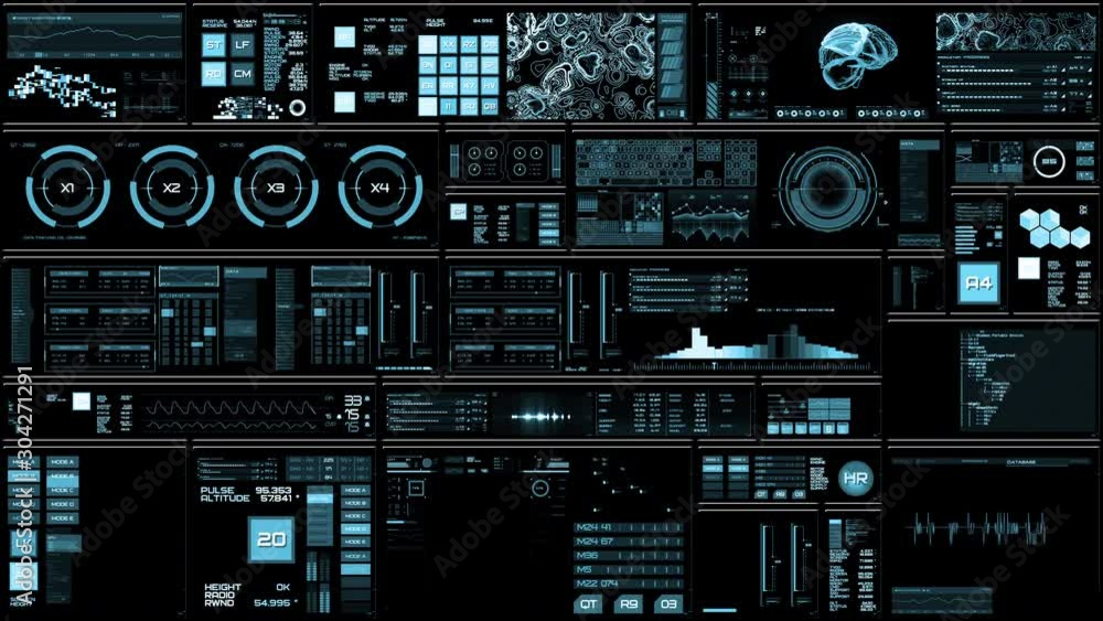 light blue Futuristic interface/Digital screen.Detailed abstract background with blinking and switching indicators and statuses showing work of command center, processing big data, machine deep learni