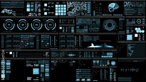 light blue Futuristic interface/Digital screen.Detailed abstract background with blinking and switching indicators and statuses showing work of command center, processing big data, machine deep learni