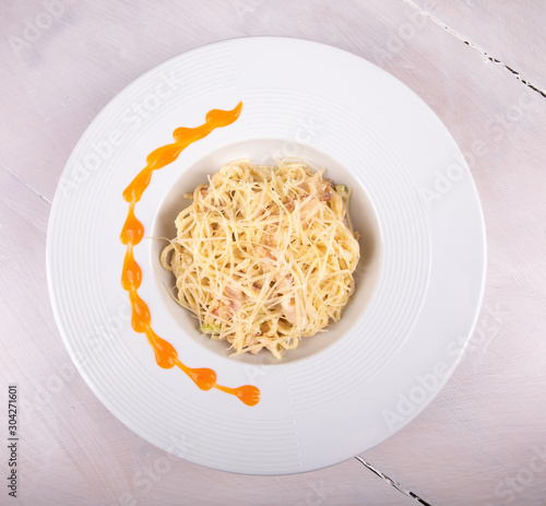 food, pasta in white plates