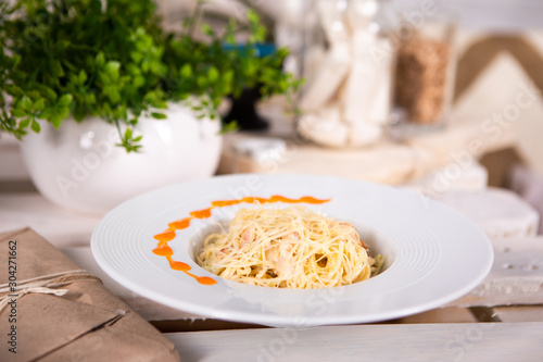 food, pasta in white plates