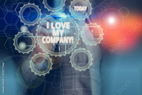 Text sign showing I Love My Company. Business photo showcasing tell why admire their job and workplace Picture photo system network scheme modern technology smart device
