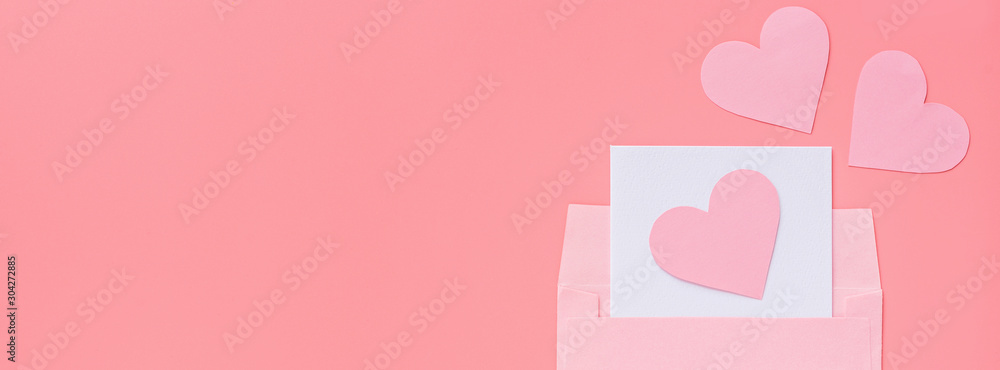 Valentine's day background with pink hearth. Flat lay, top view, mockup, template, copy space. Minimal abstract composition for 14 February celebration