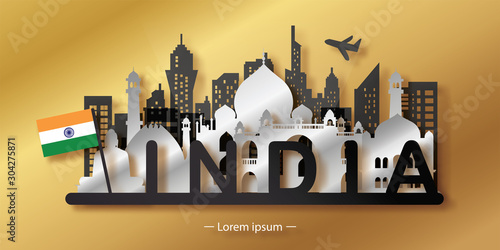 India Travel postcard, poster, tour advertising of world famous landmarks in paper cut style. Vectors illustrations
