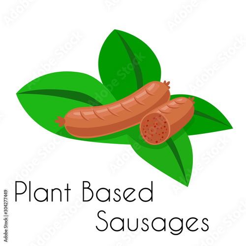 Plant based Meat sausage cooked on BBQ Grill with leaves