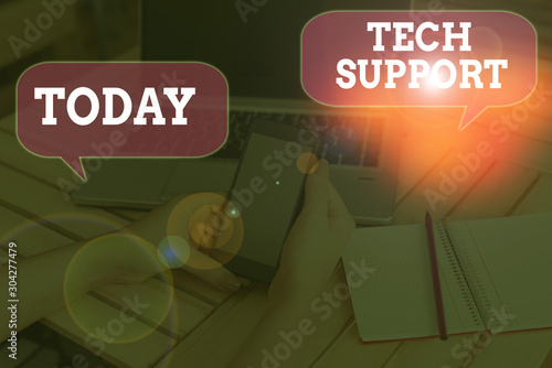 Writing note showing Tech Support. Business concept for advising and troubleshooting service provided by a analysisufacturer photo