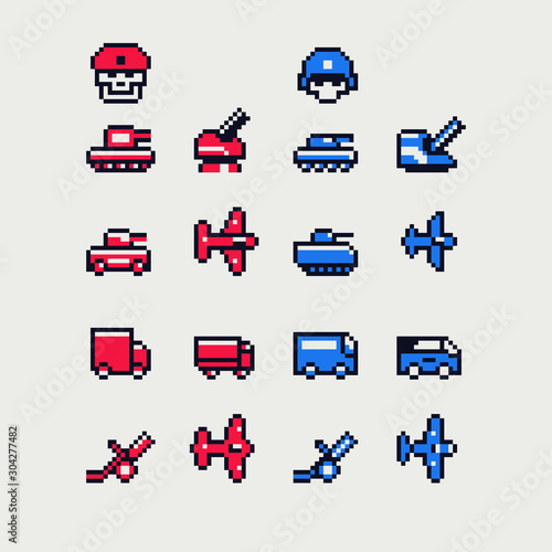 Military transport pixel art icons set, fighter plane, tank, truck and helmet. Design for sticker, logo, web, mobile app, badges and patches. Isolated vector illustration.