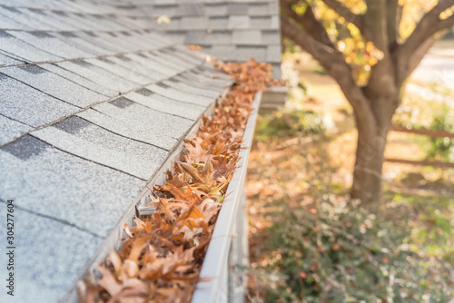 Clogged gutter at front yard near roof shingles of residential house full of dried leaves