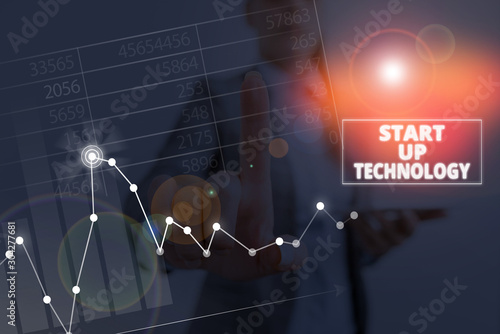 Writing note showing Start Up Technology. Business concept for Young Technical Company initially Funded or Financed
