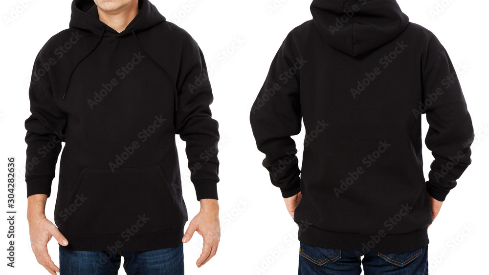Man hoody set, black hoody front and back view, hood mock up. Empty male  hoody copy space. Front and rear background Stock Photo | Adobe Stock