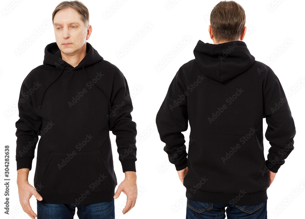 Man hoody set, black hoody front and back view, hood mock up. Empty ...