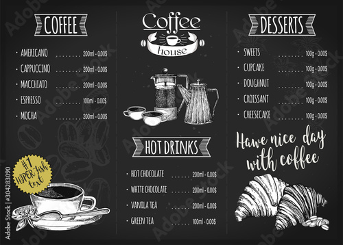 Restaurant menu design. Coffee restaurant brochure vector, coffee shop menu design.
