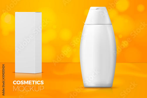 Vector shampoo bottle, paper box with reflection