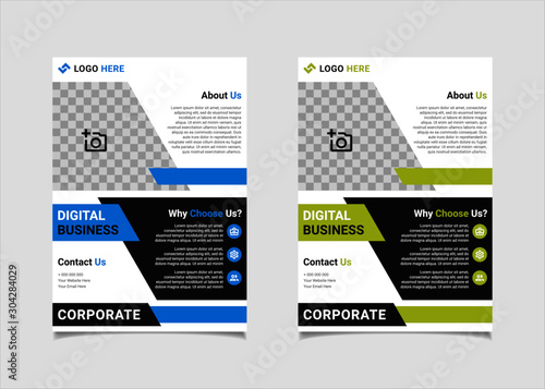 Business flyer template vector design, A4 brochure template blue and lime geometry shapes used for business poster layout, IT Company flyer, corporate banners, and leaflets