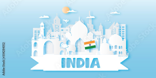 India Travel postcard, poster, tour advertising of world famous landmarks in paper cut style. Vectors illustrations