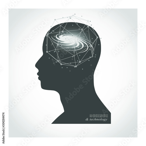 Silhouette of a man head. Mental health relative brochure, report design. Scientific medical designs. Galaxy as brains. Connected lines with dots.