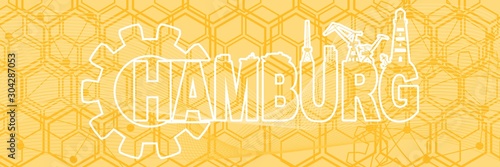 Gear with sea shipping and travel relative silhouettes.. Calligraphy inscription. Hamburg city name text. Horizontal industrial web banner