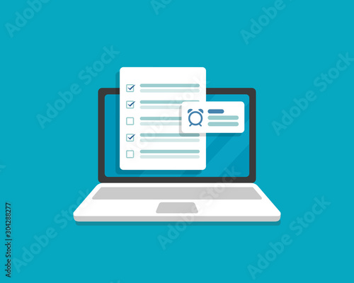 Checklist document on laptop,flat cartoon computer with paper checklist and to do list with checkboxes, concept of survey.