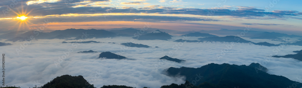 Misty mountains panorama in the morning when sunrise time, Phu Chi Dao Chiangrai Thailand
