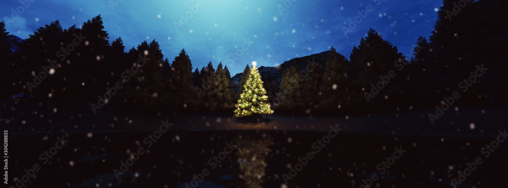 snowy landscape with Christmas pine shining at night