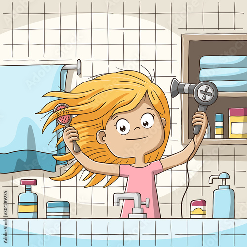 Girl blow dries her hair. Hand drawn vector illustration with separate layers.