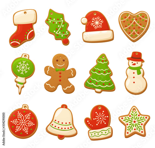 Cartoon gingerbread cookies for celebration design. Christmas vector elements for illustration, cards, banners and holiday backgrounds. Delicious homemade cookies. Festive decorations