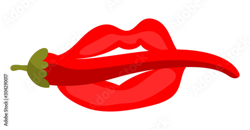  Sexy red lips hold pepper in teeth. Colorful vector illustration with red chili peppers on a white background. 