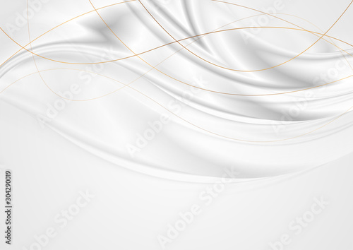 Grey silver smooth waves with curved bronze lines abstract background. Vector design