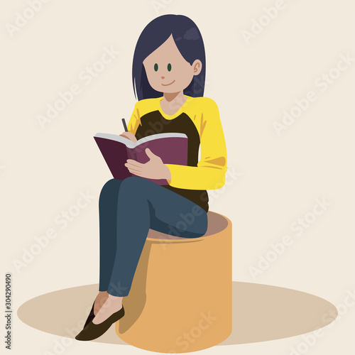 girl long hair lacture and preparing for examination. Book lover, reader, isolated on background. Flat cartoon vector illustration. photo