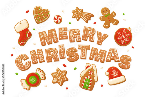 Merry Christmas vector backgrounds. Cartoon gingerbread cookies for celebration design. Delicious homemade pastries. Winter holiday illustration