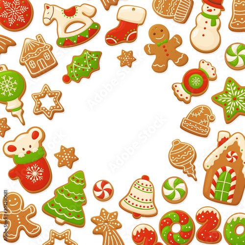 Cartoon gingerbread cookies for celebration design. Merry Christmas vector backgrounds. Delicious homemade pastries. Winter holiday illustration