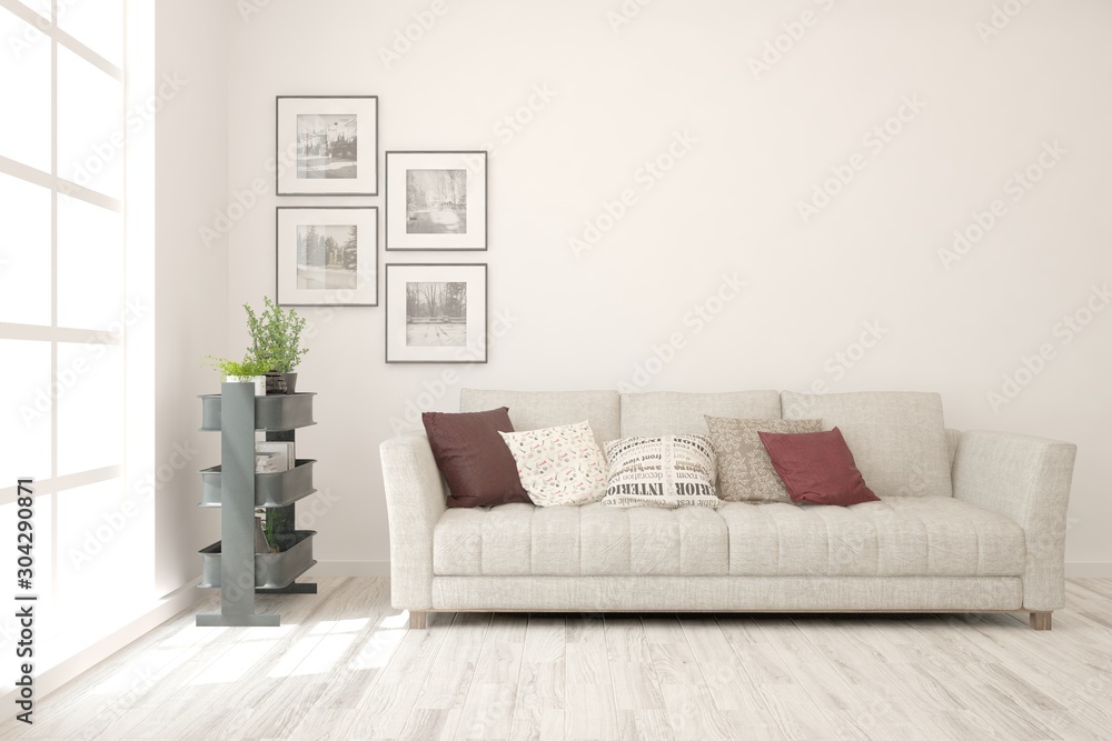 Fototapeta premium Stylish room in white color with sofa. Scandinavian interior design. 3D illustration