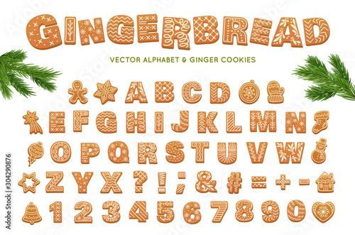 Gingerbread alphabet for decoration design. Christmas vector illustration. Sweet dessert. Winter holiday elements.