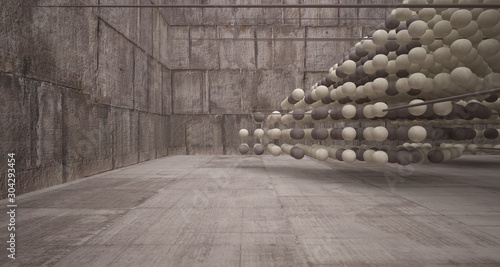 Abstract architectural concrete  interior  from an array of spheres with large windows. 3D illustration and rendering.