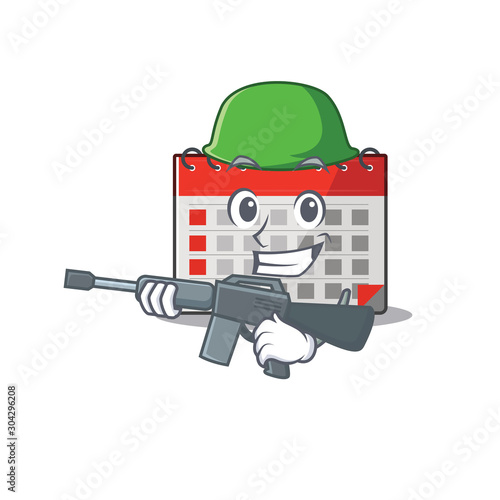 Calendar cartoon with in army happy character