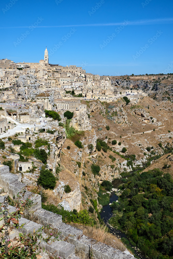 View of the historic old town of Matera and the canyon of the Gravina river