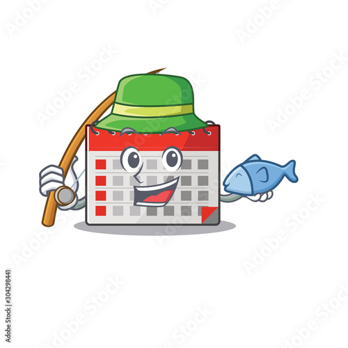 Calendar cartoon with in mascot shape fishing