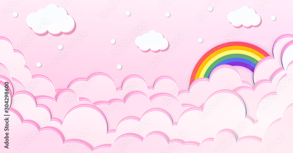 Abstract kawaii clouds cartoon on pink sky with rainbow background. Concept for children and kindergartens or presentation and christmas day Abstract kawaii clouds cartoon on pink sky with rainbow background. Concept for children and kindergartens or presentation and christmas day