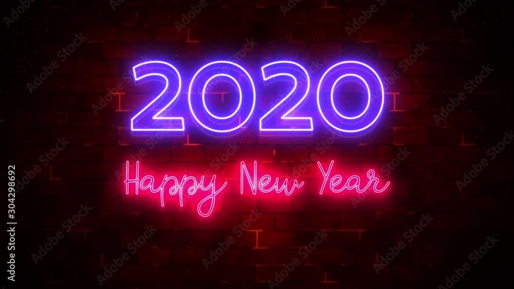 Happy New Year 2020 neon light and particle flow, Background new year concept Happy New Year 2020 neon light and particle flow, Background new year concept