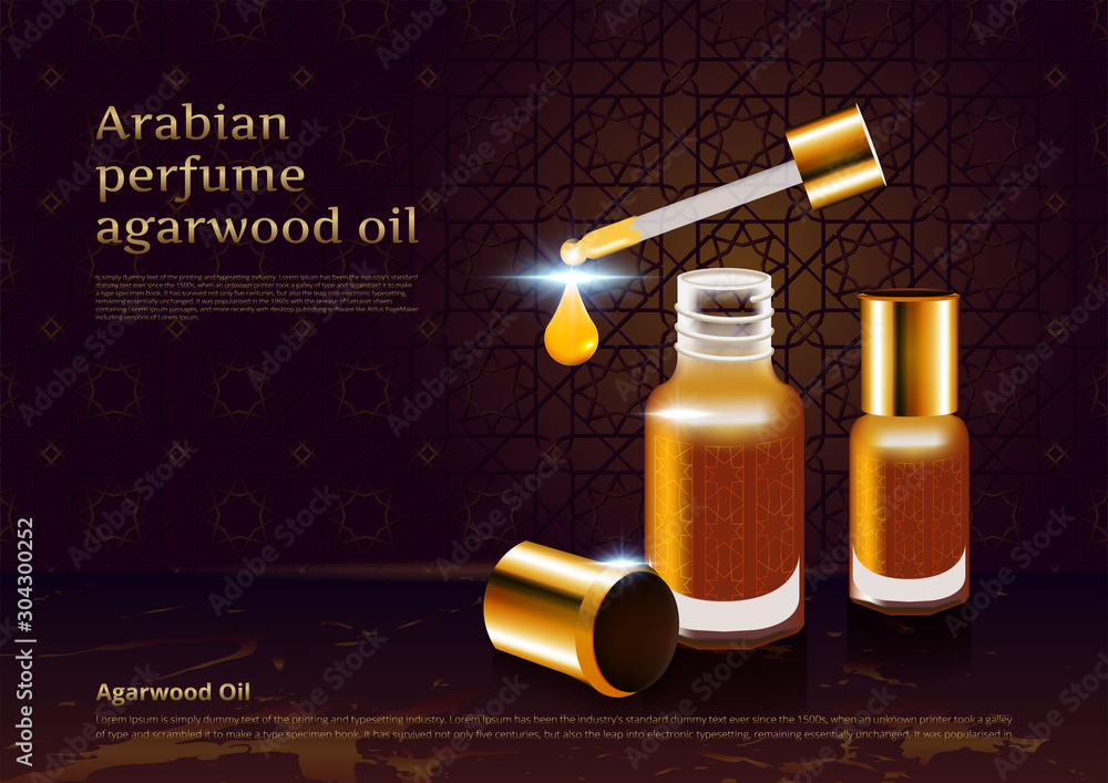 Arabian perfume agarwood oil with 3d bottle on islamic pattern